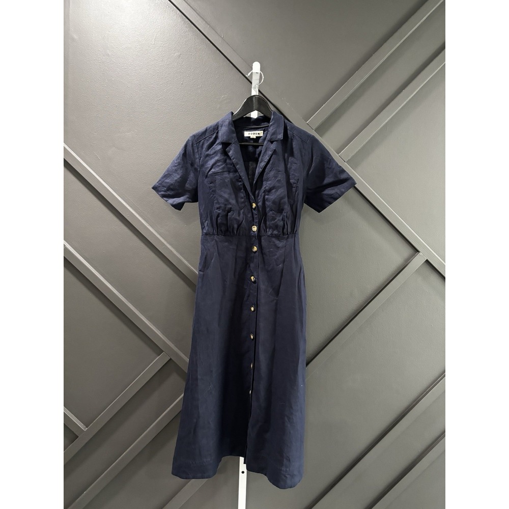 Boden Women's Size 89+US 8P Navy Blue Linen Button Front Midi Shirt Dress Petite
